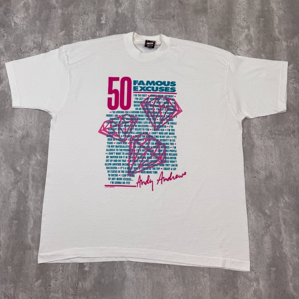 Vintage 50 Famous Excuses T-Shirt Mens XXL White Funny Joke Text USA 90s